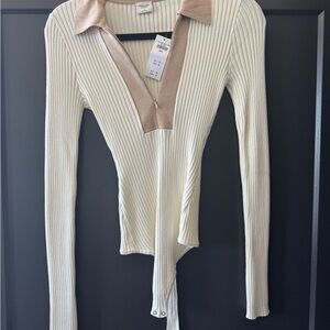 Abercrombie & Fitch Cream Ribbed Tie Front Bodysuit